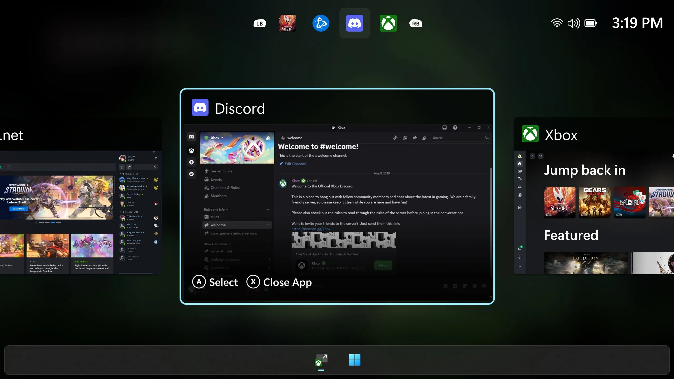 Ảnh chụp màn hình giao diện chuyển đổi tác vụ thân thiện với tay cầm trên Windows