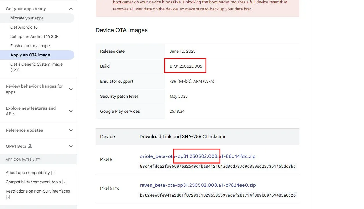 Ảnh chụp màn hình trang web Android Developers hiển thị sự khác biệt giữa phiên bản beta được công bố và phiên bản file OTA có sẵn