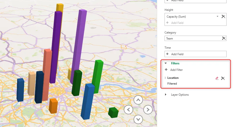 Bản đồ 3D trong Excel đã lọc chỉ hiển thị các sân vận động ở khu vực London