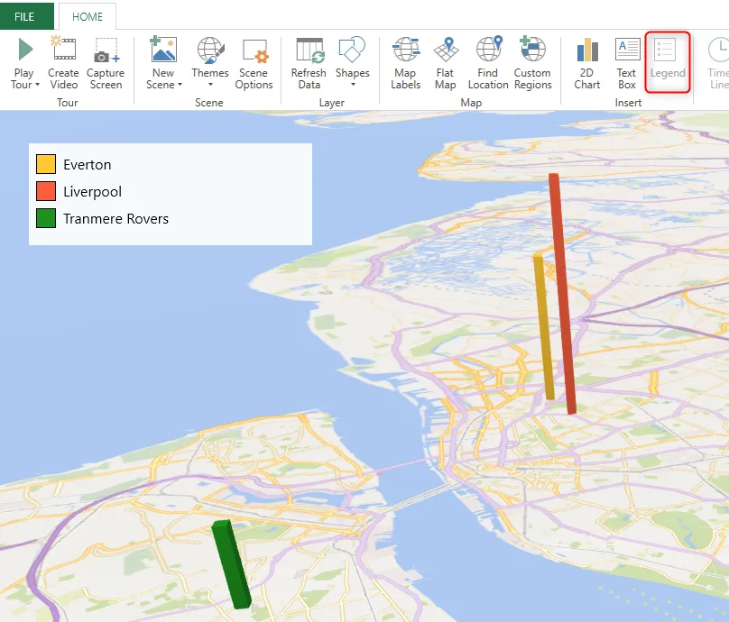 Bản đồ 3D trong Excel hiển thị các sân vận động bóng đá ở Merseyside, Anh, kèm chú giải chi tiết tên đội