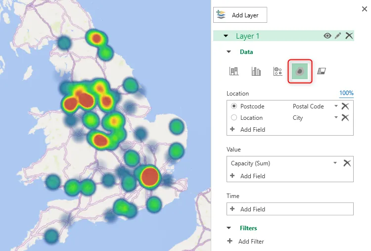 Bản đồ nhiệt (Heat Map) trực quan hóa mật độ sân vận động bóng đá tại Vương quốc Anh bằng công cụ 3D Map Excel