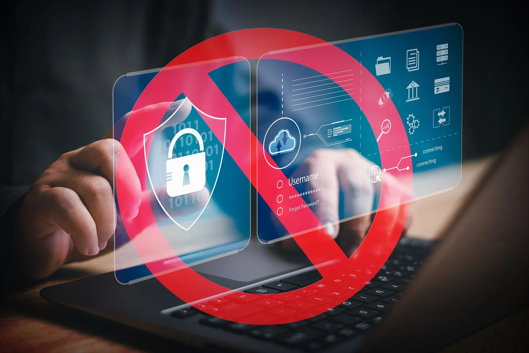 Bàn tay gõ trên laptop với biểu tượng cấm màu đỏ chồng lên các icon bảo mật, biểu thị sự hạn chế truy cập kỹ thuật số.