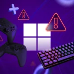 Biểu tượng Windows giữa tay cầm và bàn phím, kèm cảnh báo về các vấn đề khi chơi game