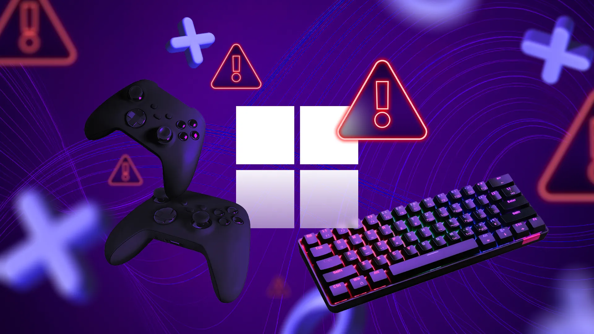 Biểu tượng Windows giữa tay cầm và bàn phím, kèm cảnh báo về các vấn đề khi chơi game