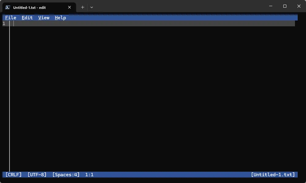 Các nút menu File, Edit, View, Help trong giao diện tối giản của Microsoft Edit
