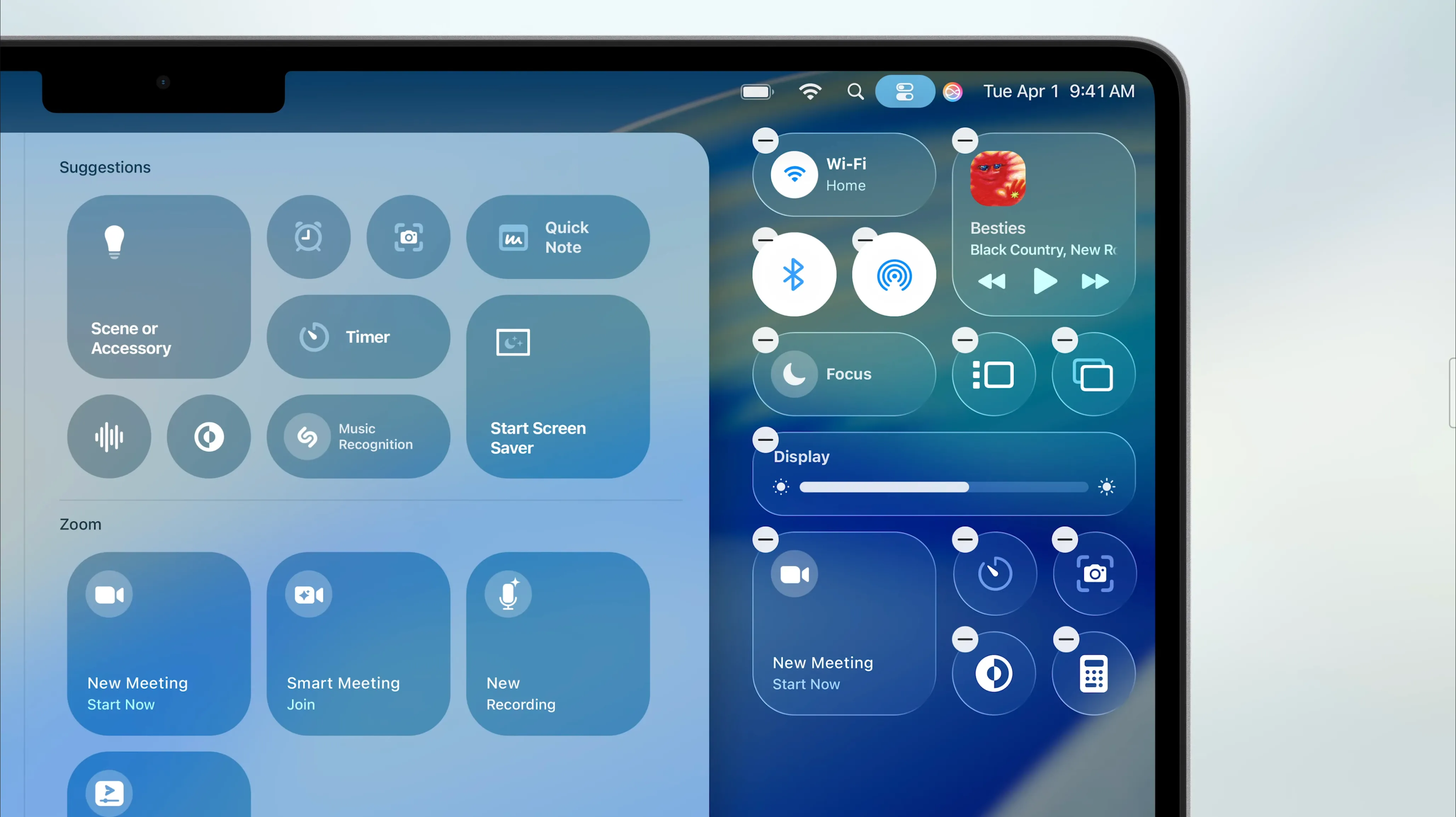 Cải tiến Trung tâm điều khiển (Control Center) trên macOS 26 Tahoe với giao diện trong suốt và các tùy chọn từ ứng dụng bên thứ ba