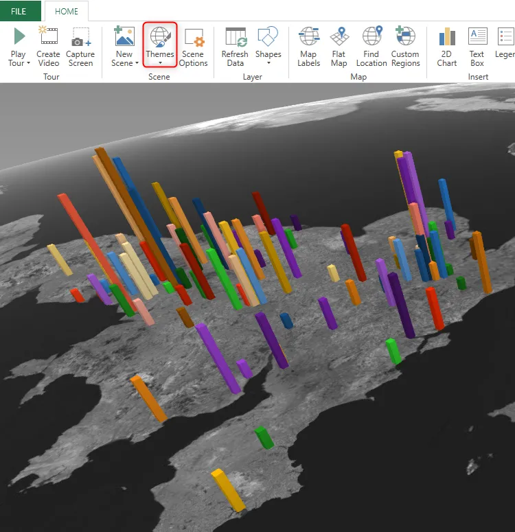 Chọn chủ đề Aerial Dark trong công cụ 3D Map của Excel