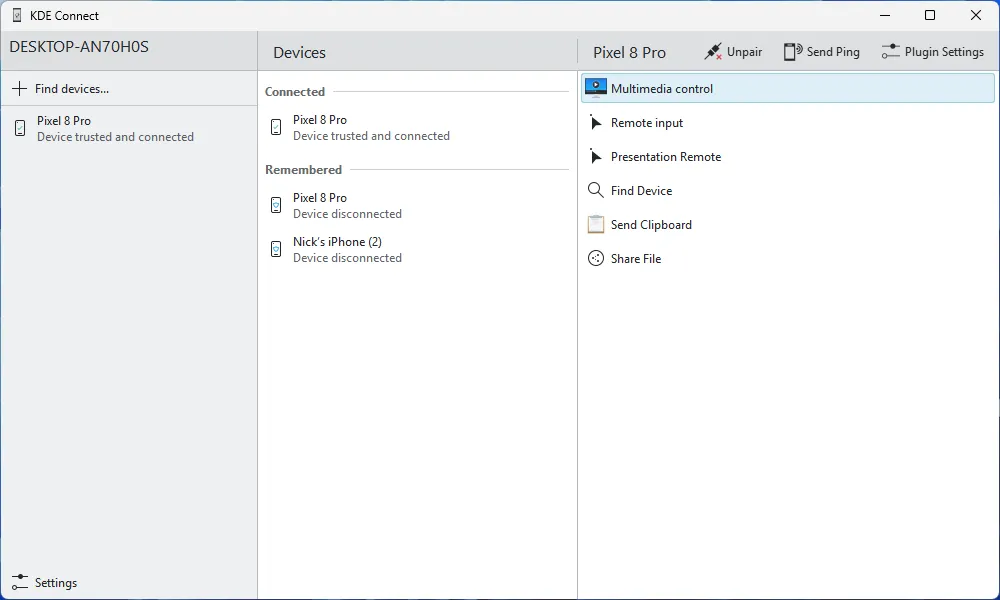 Cửa sổ chính của KDE Connect hiển thị danh sách các thiết bị được kết nối