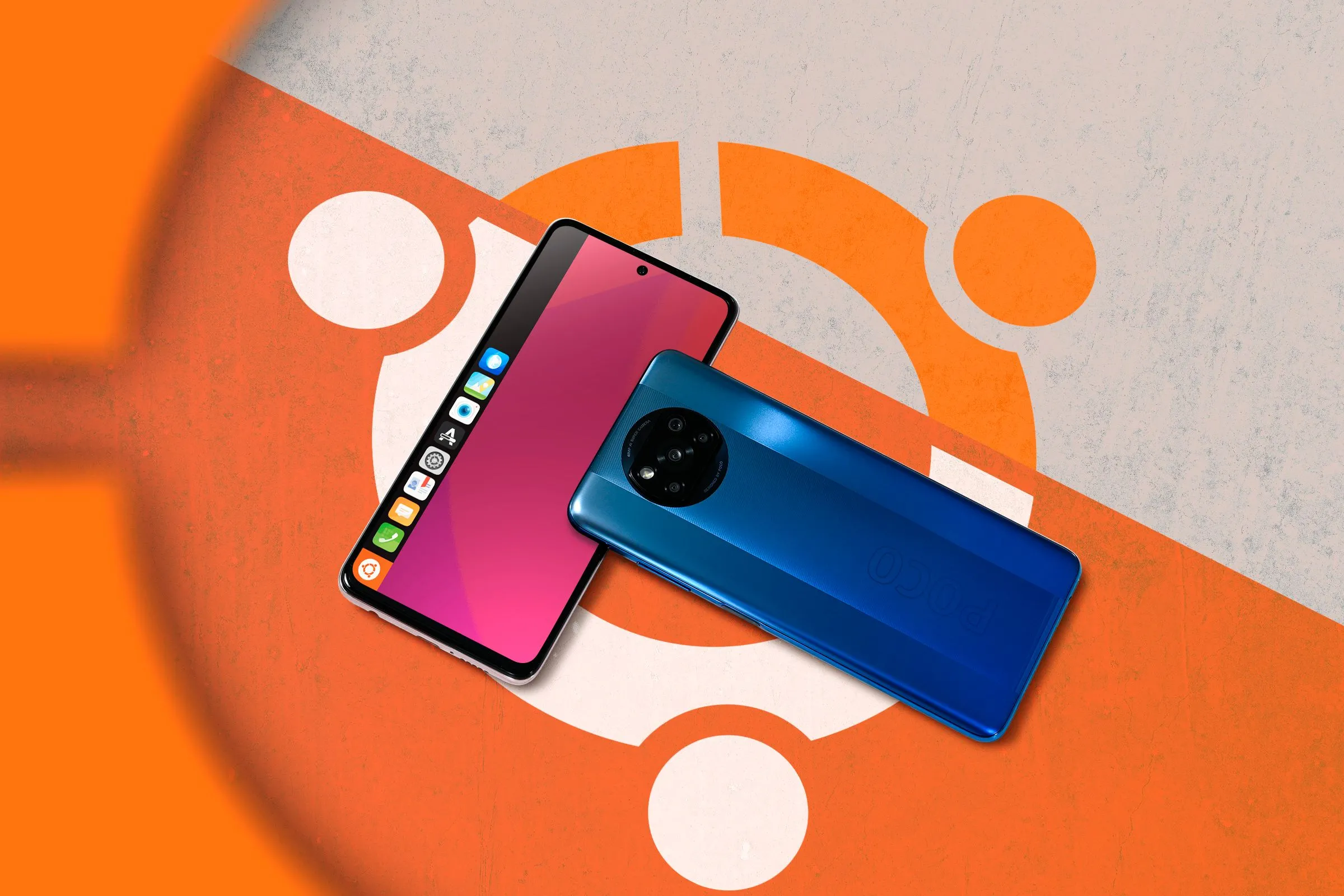 Điện thoại hiển thị giao diện hệ điều hành Ubuntu Touch cùng với logo Ubuntu ở nền.