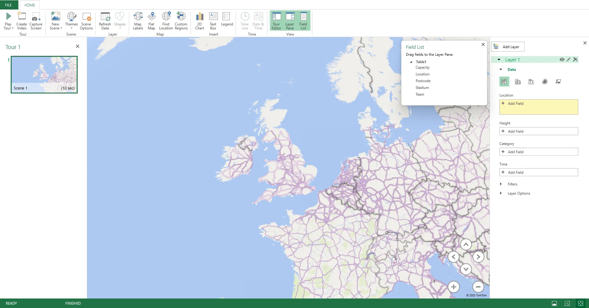 Giao diện cửa sổ 3D Map trong Excel, hiển thị các ngăn điều khiển và khu vực bản đồ