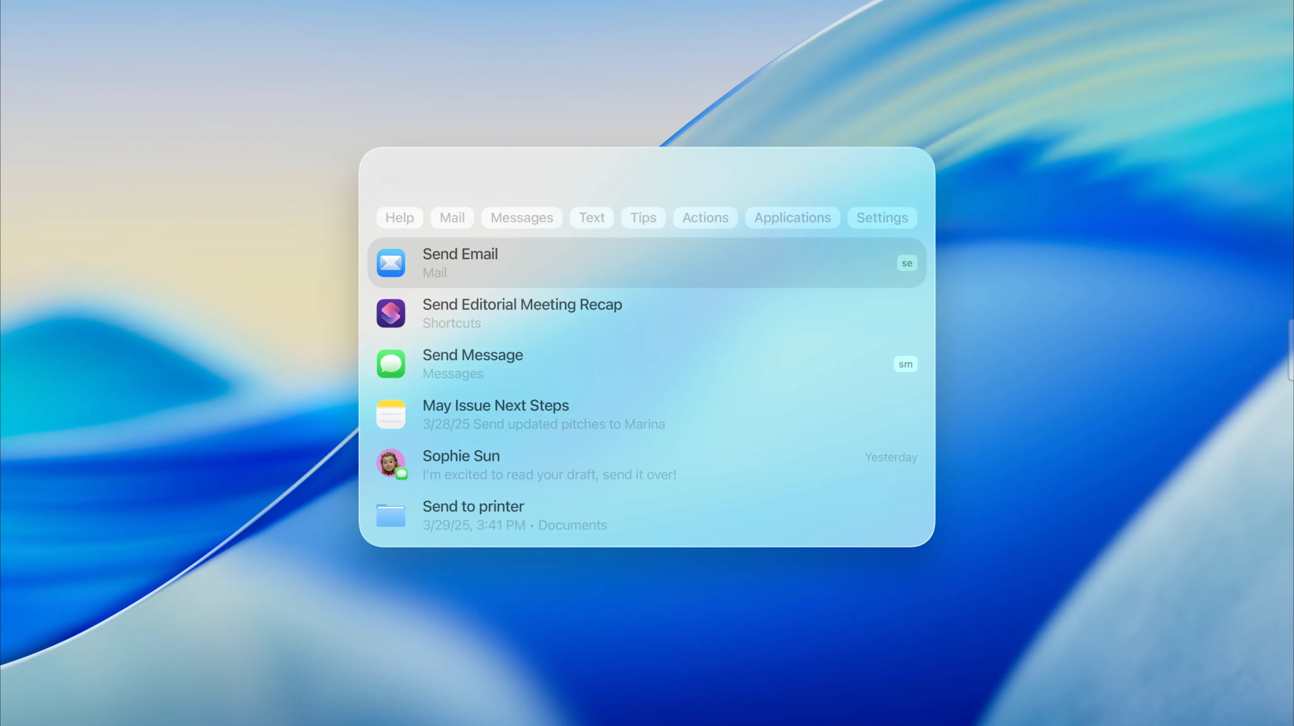 Giao diện Spotlight được cải tiến trên macOS 26 Tahoe hiển thị khả năng thực hiện hành động trực tiếp như soạn email