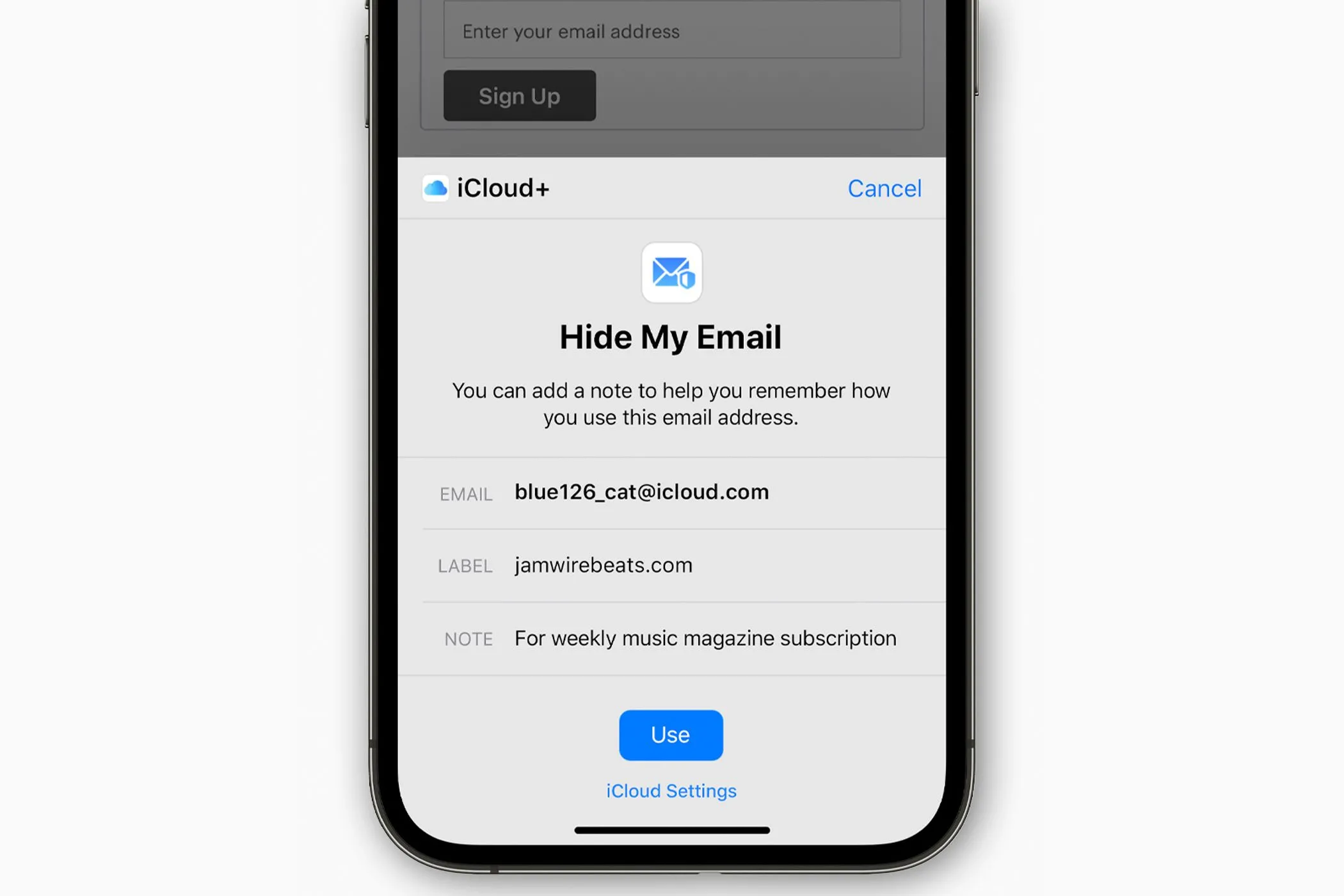 Giao diện tính năng Ẩn địa chỉ Email (Hide My Email) trên iPhone.