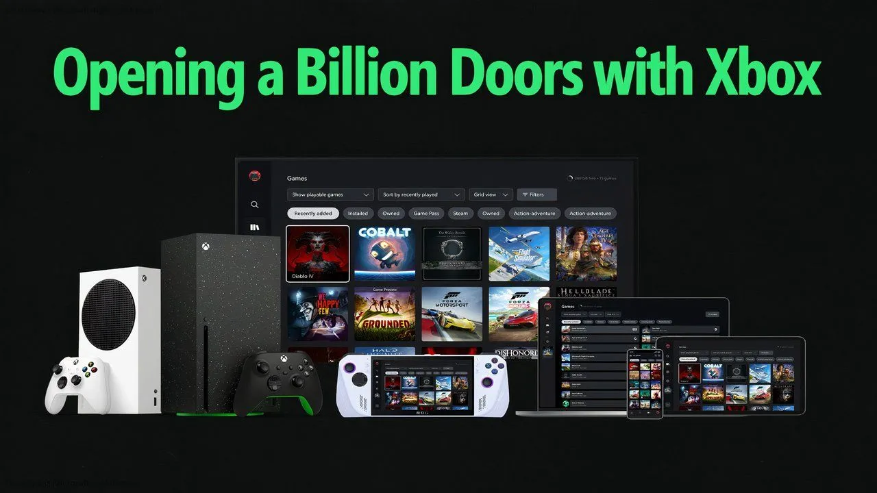 Hình ảnh hiển thị nhiều thiết bị có thể chơi hoặc stream game Xbox