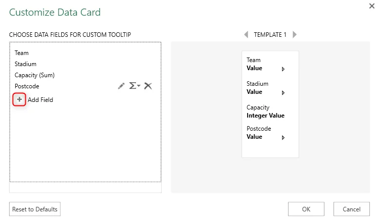 Hộp thoại Customize Data Card trong cửa sổ 3D Map Excel