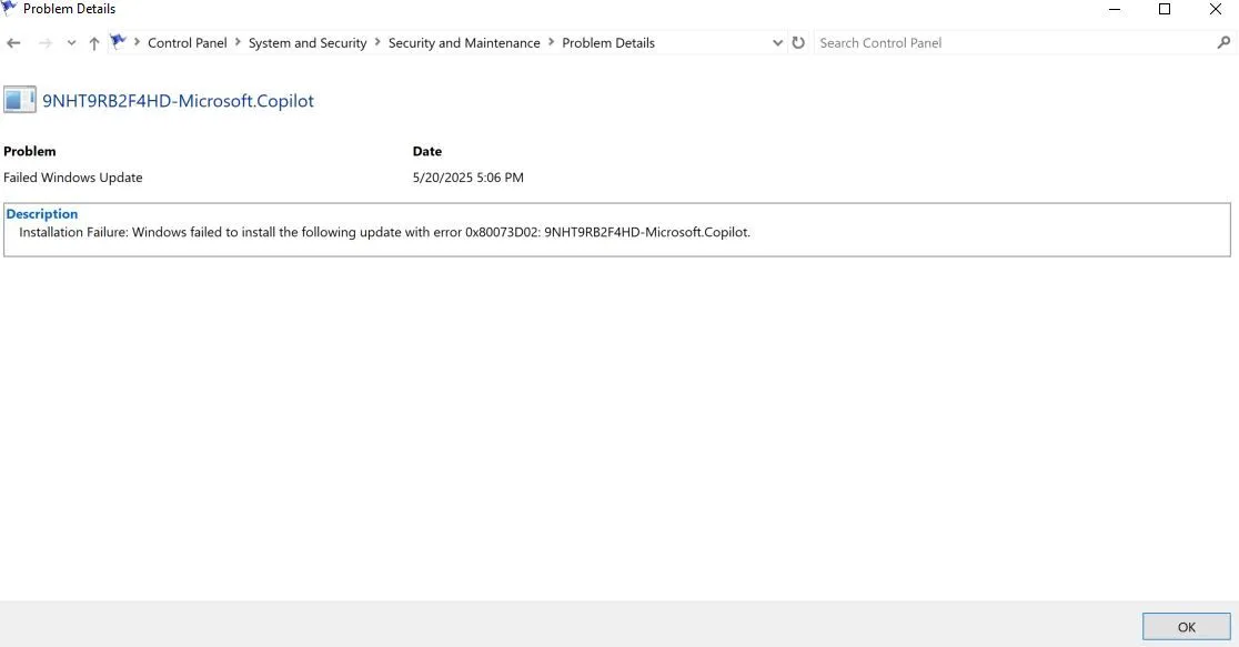 Hộp thoại hiển thị chi tiết kỹ thuật của một sự kiện lỗi trong Windows Reliability Monitor, ví dụ lỗi cập nhật Copilot.