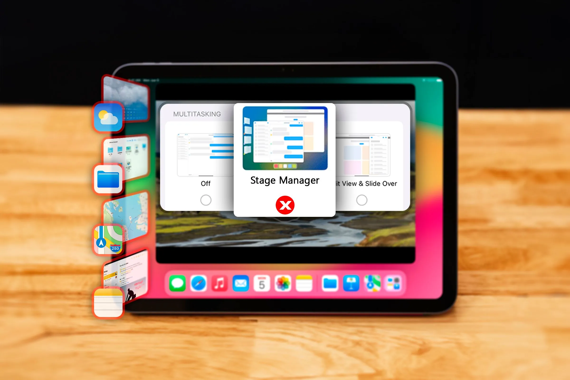iPad hiển thị giao diện Stage Manager và cài đặt đa nhiệm