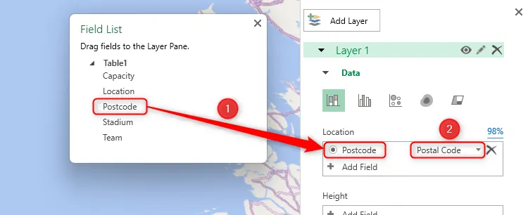 Kéo trường dữ liệu &quot;Postcode&quot; vào mục Vị trí trong ngăn Lớp của công cụ 3D Map Excel