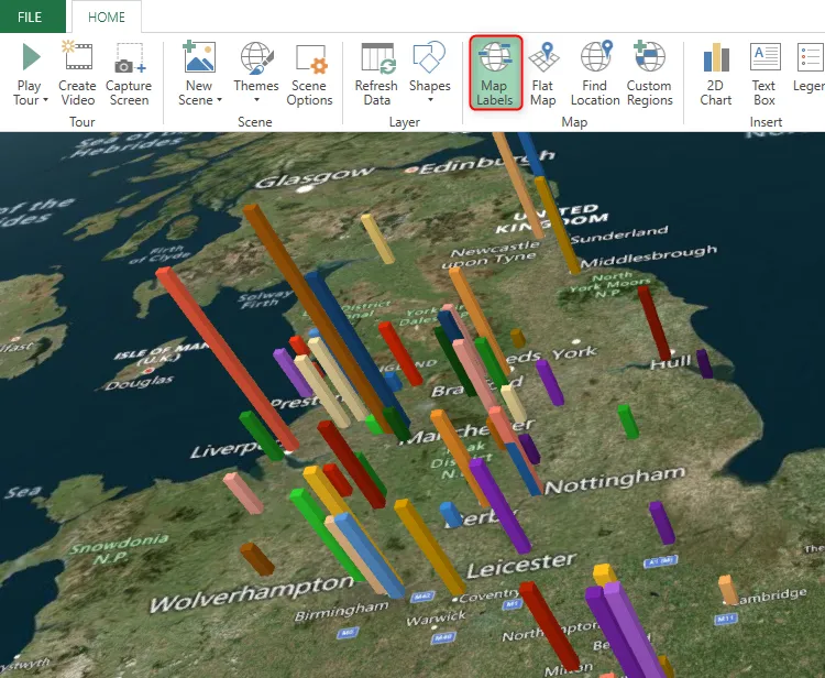 Kích hoạt tính năng Map Labels trong công cụ 3D Map Excel