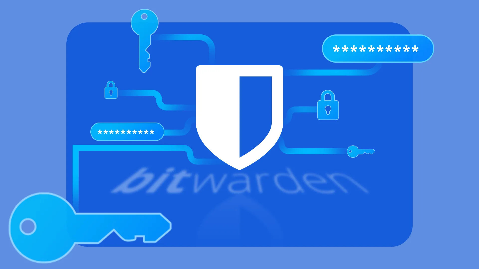 Logo BitWarden kết nối với biểu tượng mật khẩu, khóa và chìa khóa