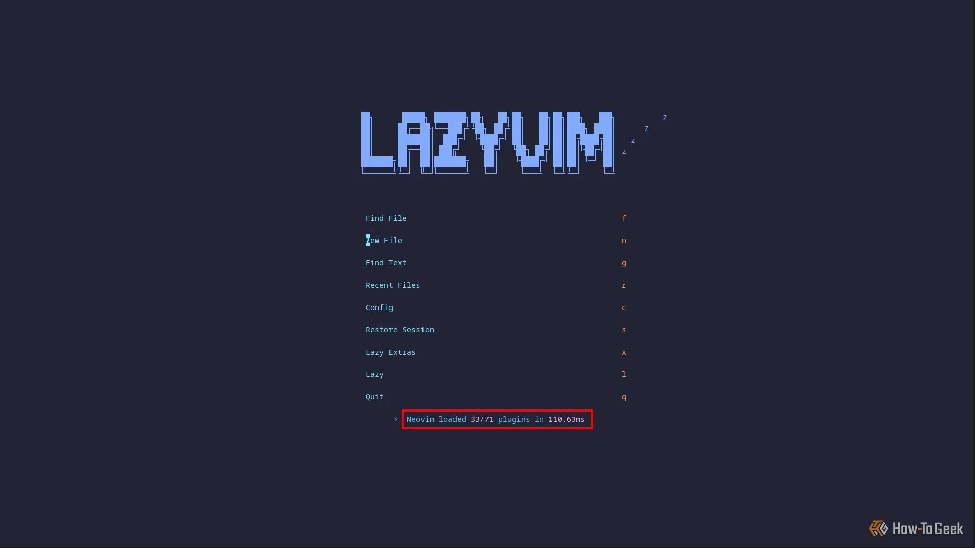 Màn hình chính của LazyVim Neovim hiển thị thời gian khởi động nhanh 110ms