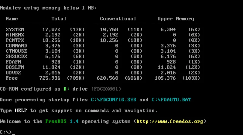 Màn hình dòng lệnh FreeDOS tại giao diện console