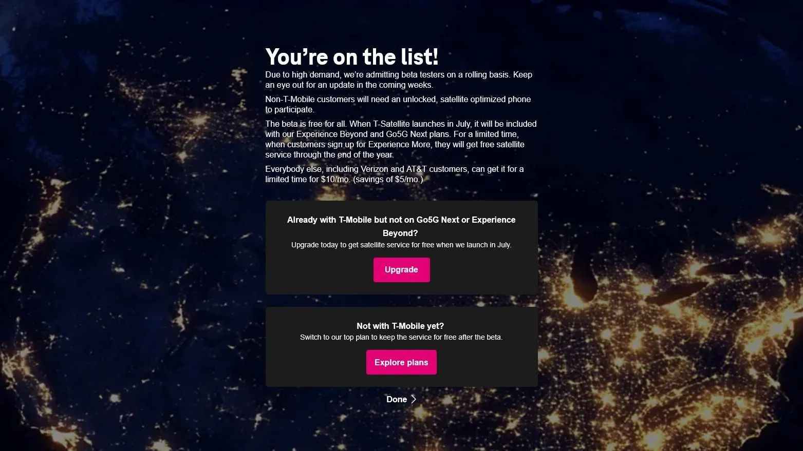 Màn hình xác nhận đăng ký tham gia chương trình thử nghiệm beta dịch vụ T-Satellite của T-Mobile