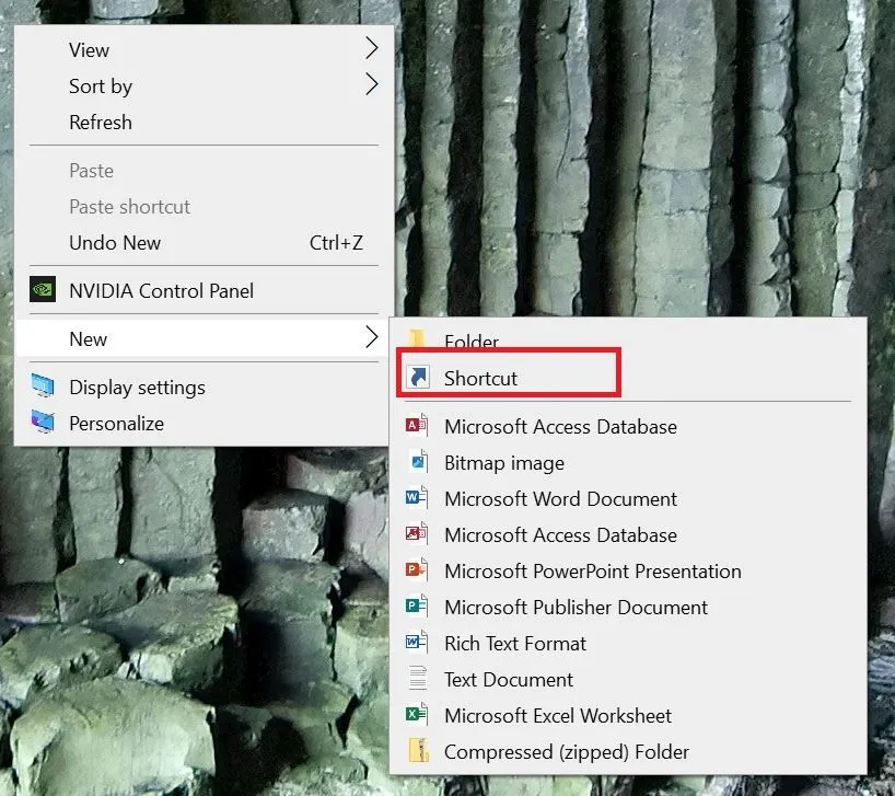 Menu ngữ cảnh khi nhấp chuột phải trên màn hình Desktop để tạo shortcut mới.
