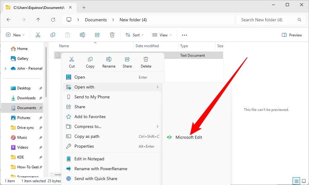 Microsoft Edit xuất hiện trong menu Open With (Mở với) khi click chuột phải vào tệp văn bản