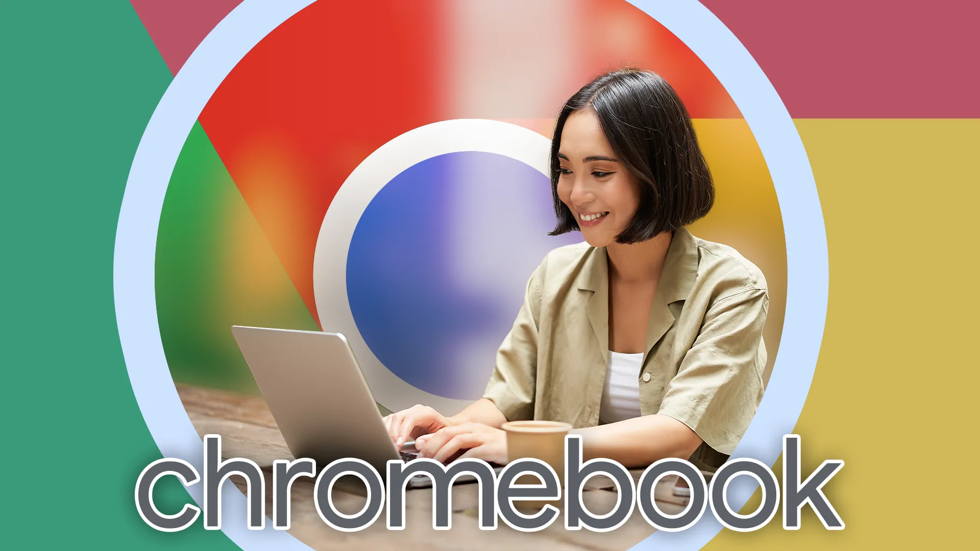 Một phụ nữ làm việc trên laptop trong quán cà phê, logo Chrome ở hậu cảnh