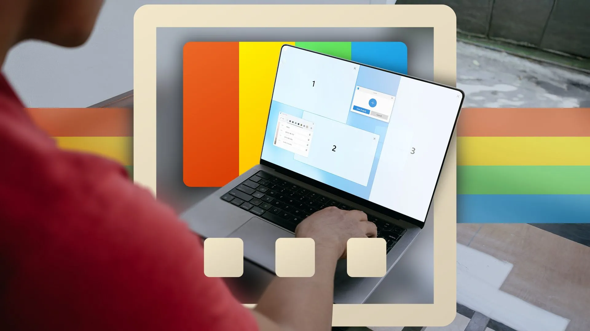 Người dùng đang sử dụng laptop với tính năng FancyZones của PowerToys được làm nổi bật