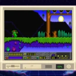 Nhân vật Jazz Jackrabbit chạy trên hệ thống iDOS 3 với hình nền nghệ thuật pixel phong cách synthwave thập niên 80