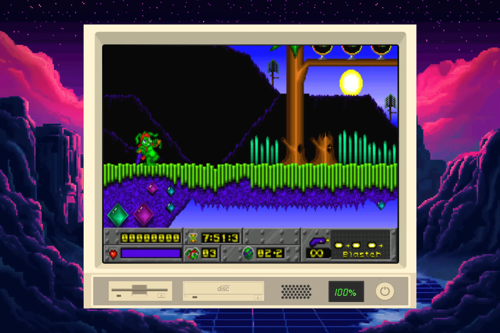 Nhân vật Jazz Jackrabbit chạy trên hệ thống iDOS 3 với hình nền nghệ thuật pixel phong cách synthwave thập niên 80