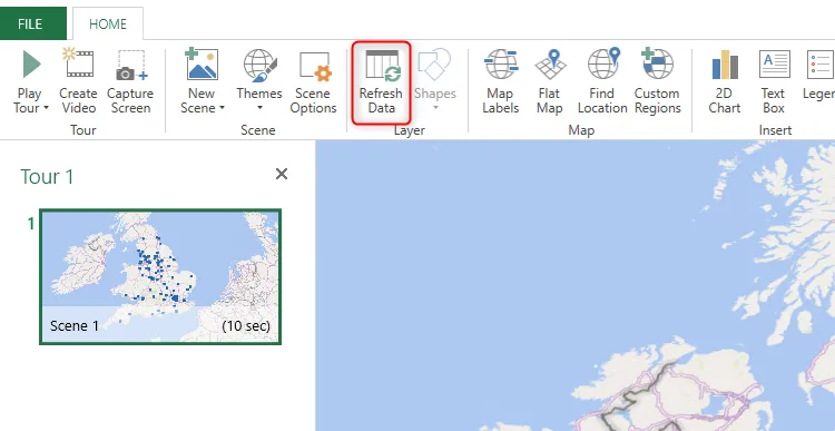 Nút Refresh Data trong cửa sổ 3D Map của Excel