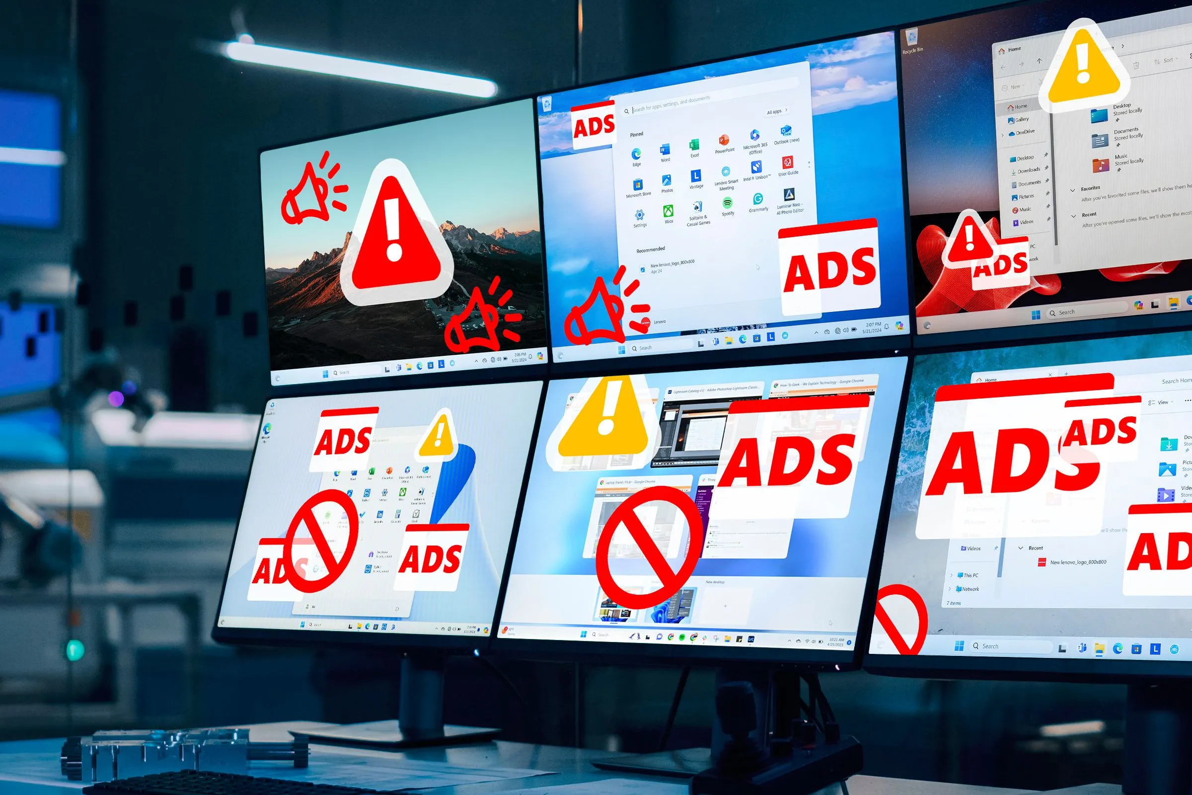 Phòng điều khiển giám sát nhiều màn hình Windows 11 hiển thị quảng cáo xâm nhập