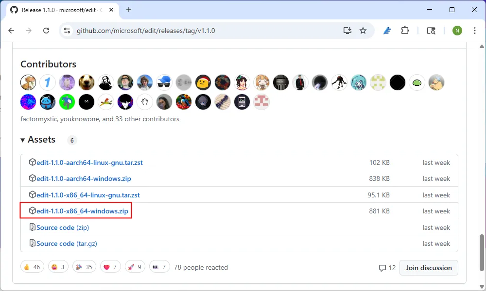 Tệp nén chứa Microsoft Edit tải về từ trang phát hành trên GitHub