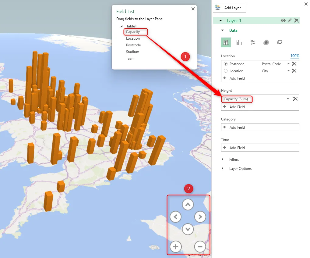 Thêm biến Capacity vào trường Height và đánh dấu các mũi tên điều hướng trong 3D Map Excel