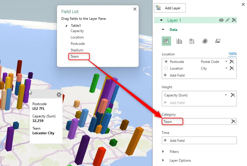 Thêm trường Team vào mục Category trong ngăn Lớp của 3D Map Excel và hiển thị nhãn dữ liệu trên bản đồ