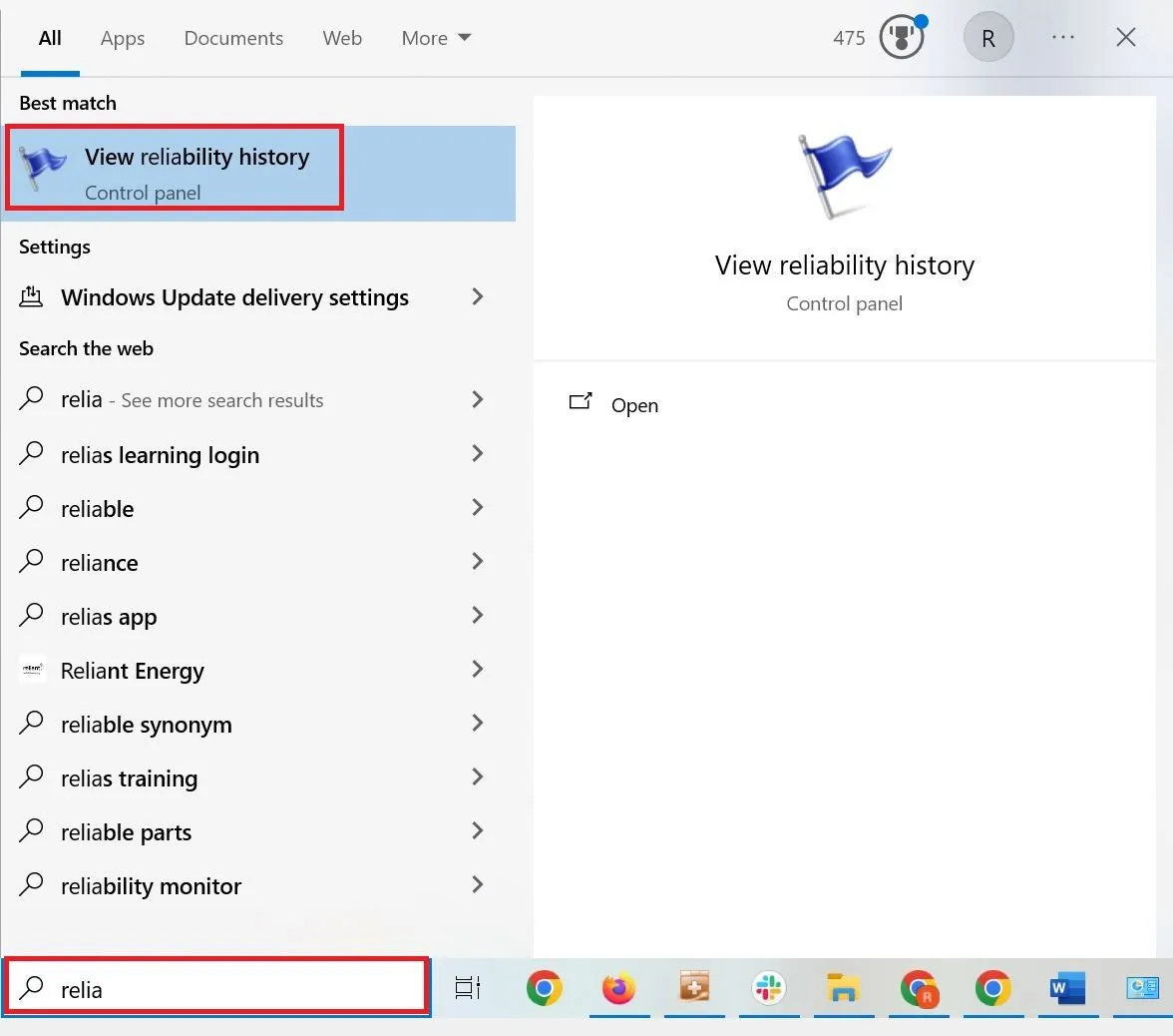 Tìm kiếm 'reliability' trong hộp tìm kiếm Menu Start để mở Công cụ theo dõi độ tin cậy Windows.