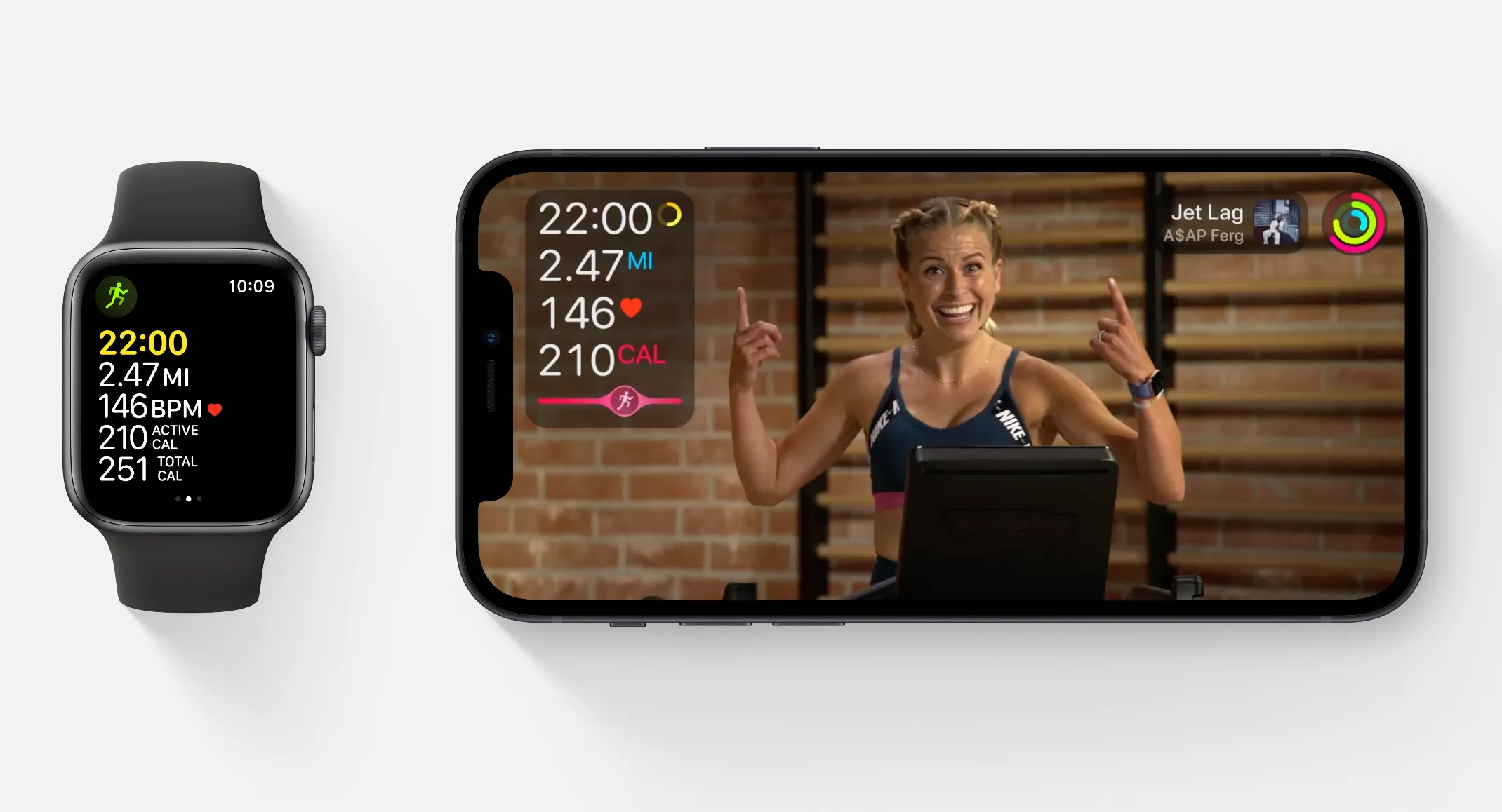 Ứng dụng Apple Fitness+ hiển thị trên màn hình Apple Watch và iPhone.