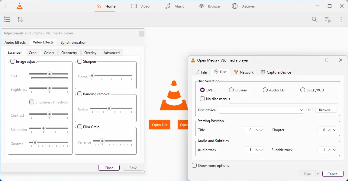 VLC 4.0 mở với các menu tùy chọn Open Media và Video Effects