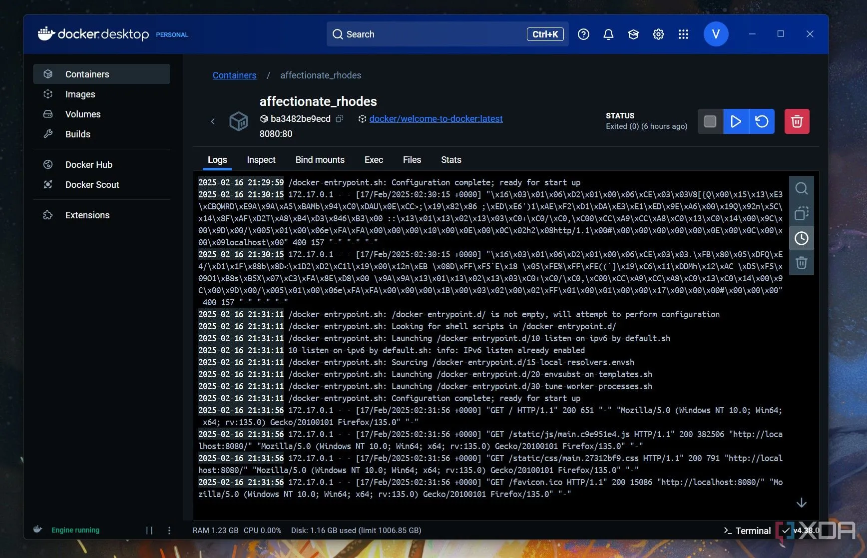 A screenshot of a docker container log