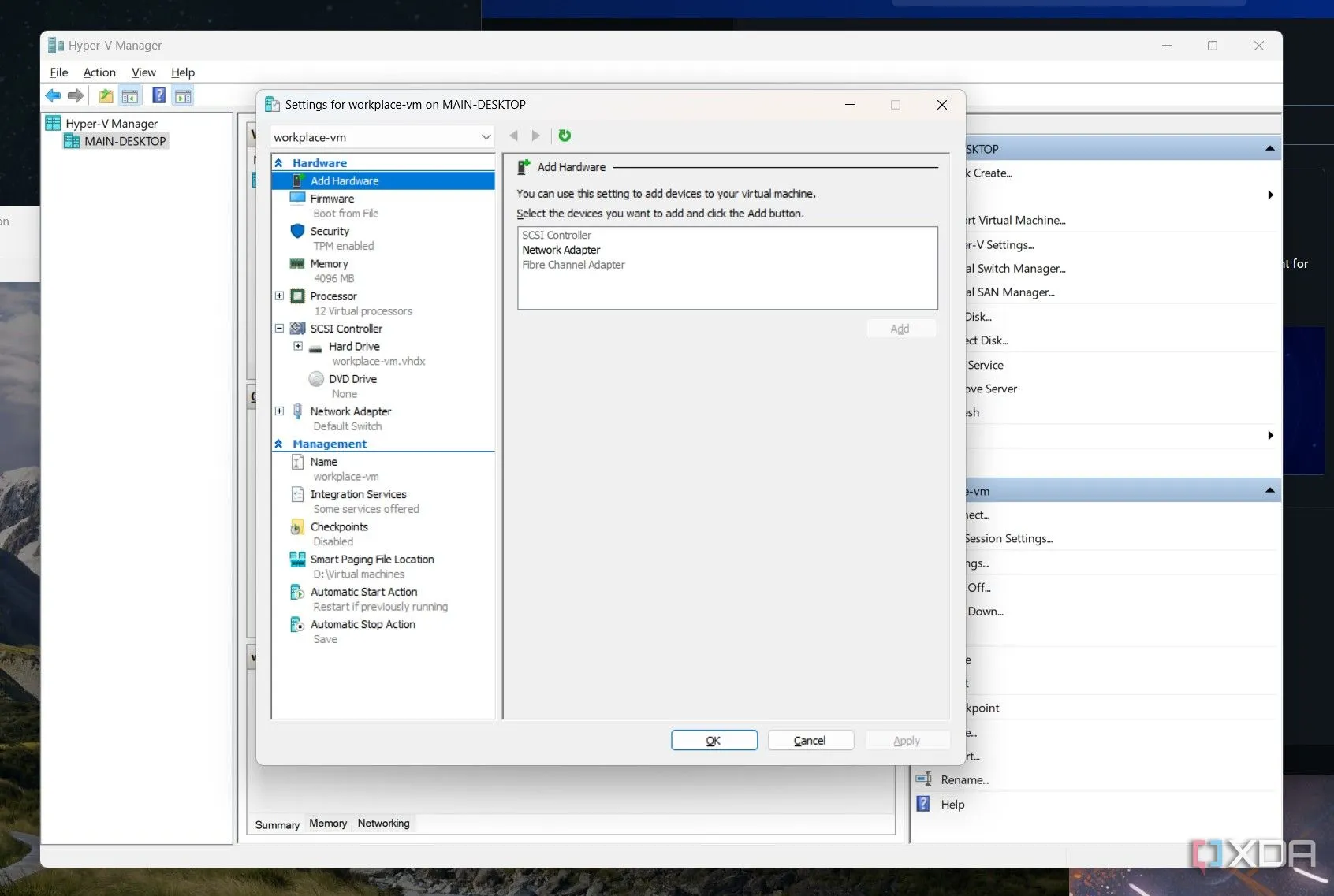 A screenshot of the Hyper-V VM editor