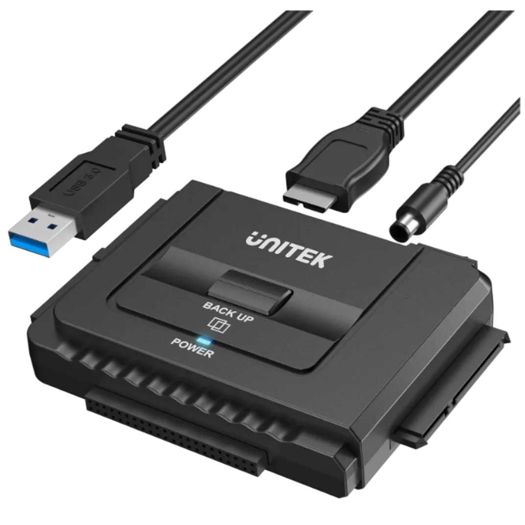 Adapter chuyển đổi USB 3.0 sang IDE và SATA của Unitek, thiết bị cần thiết để biến ổ cứng cũ thành ổ di động.