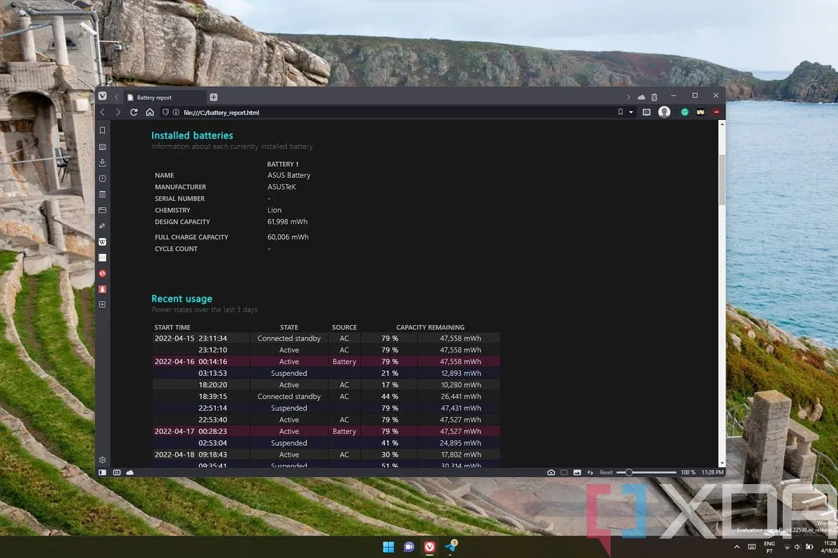 Báo cáo tình trạng pin laptop trên Windows 11 dạng HTML