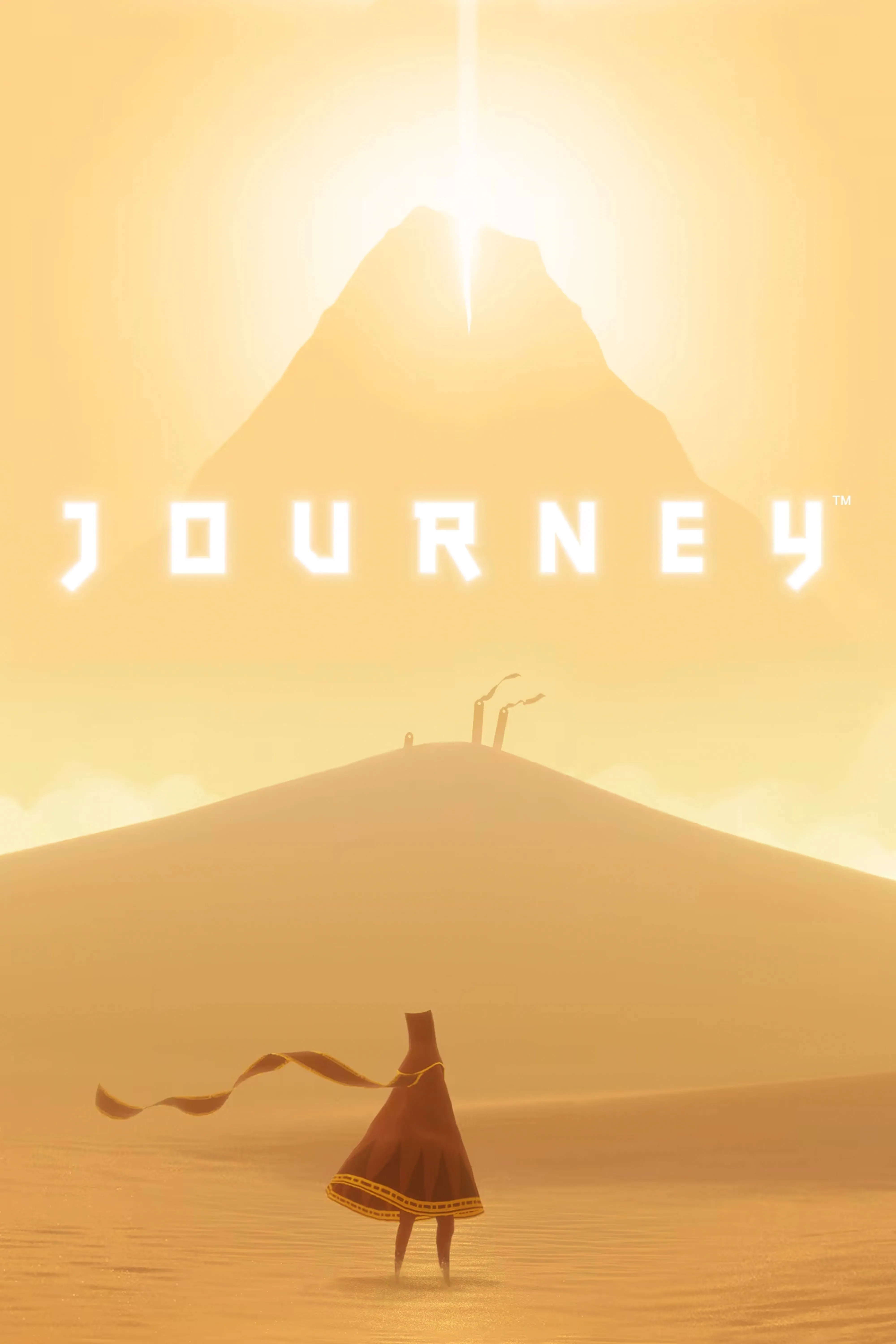 Bìa game Journey với nhân vật bí ẩn đang một mình trên sa mạc rộng lớn, tượng trưng cho hành trình khám phá và kết nối.