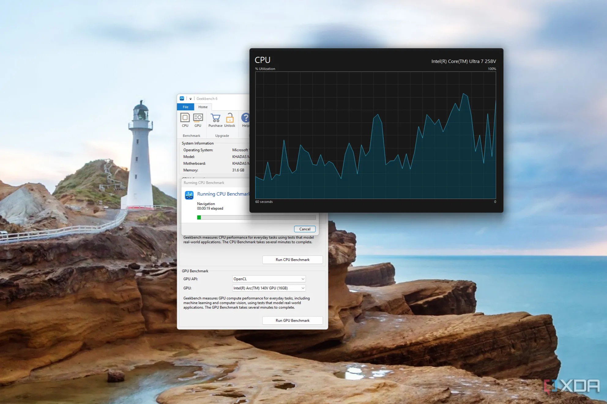 Biểu đồ sử dụng CPU trong Task Manager hiển thị khi chạy Geekbench