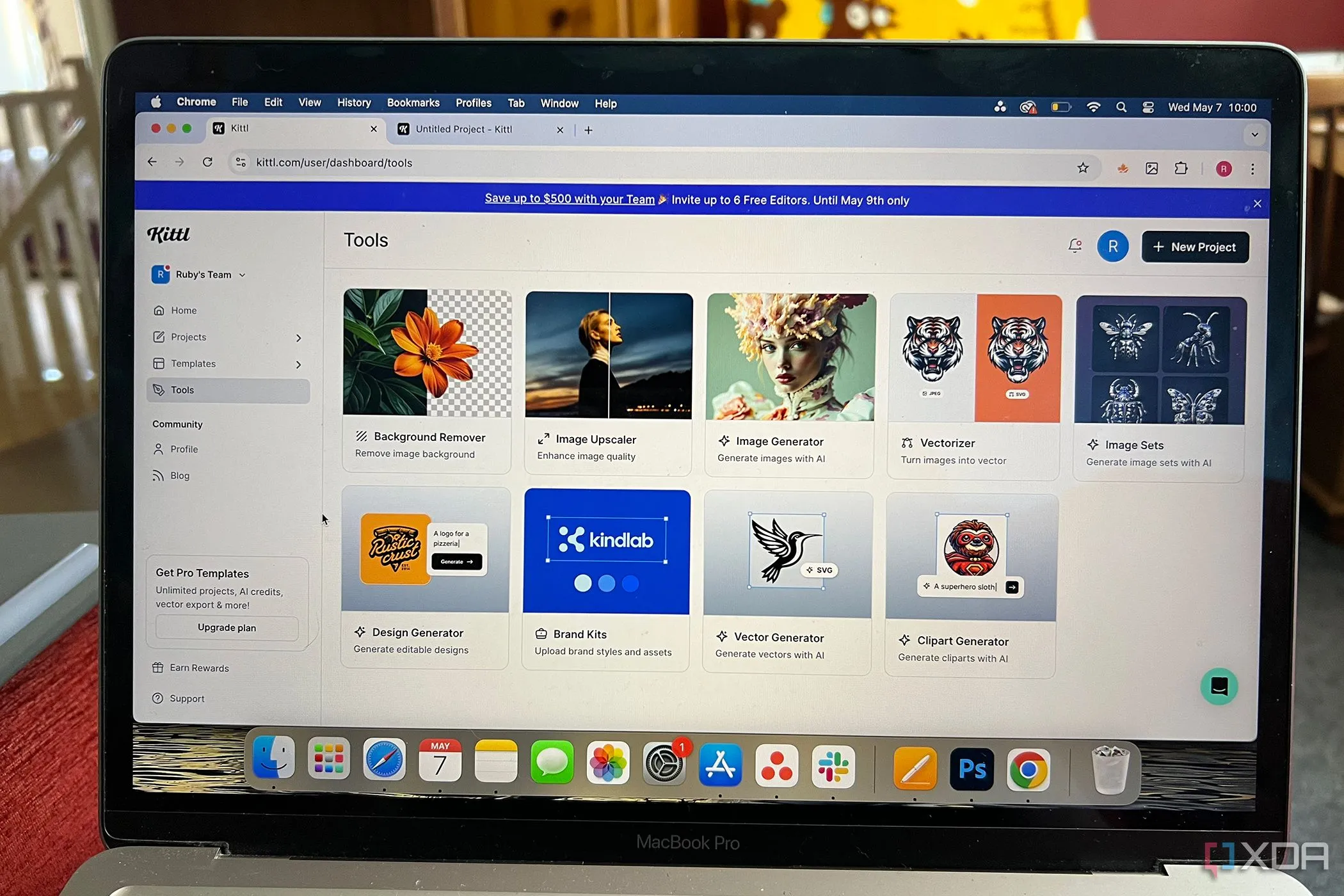 Các công cụ AI và tùy chọn chỉnh sửa trong giao diện Kittl, bao gồm tạo vector và xóa nền