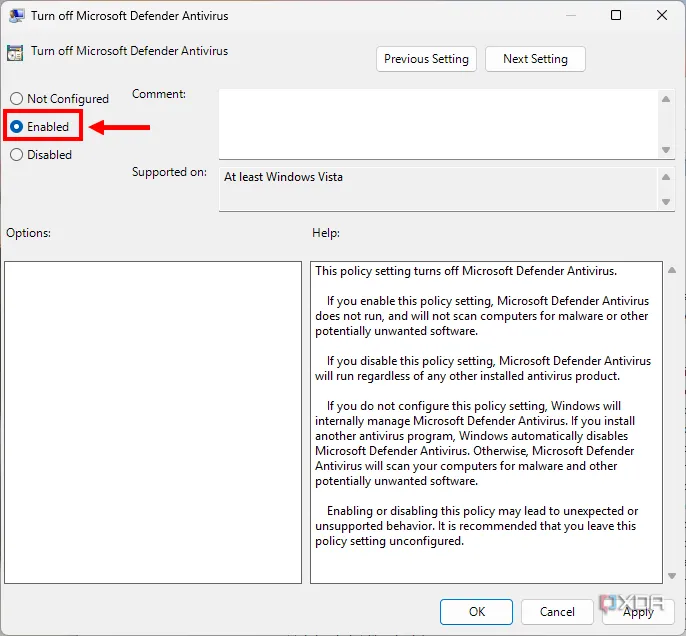 Cài đặt chính sách Group Policy Editor được đặt thành &quot;Enabled&quot; để tắt Microsoft Defender