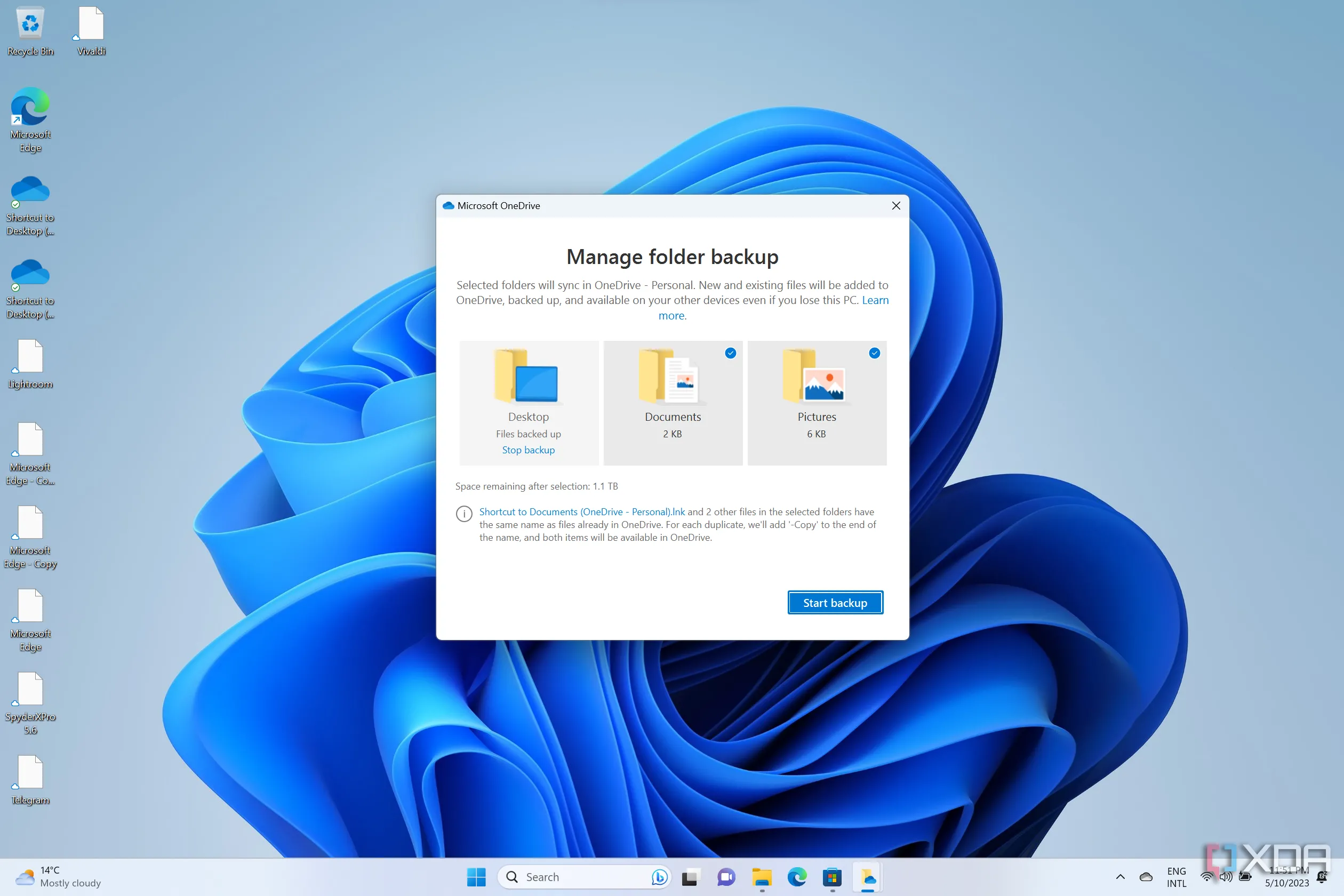 Cài đặt sao lưu thư mục OneDrive trên Windows 11, minh họa sự phụ thuộc vào dịch vụ đám mây