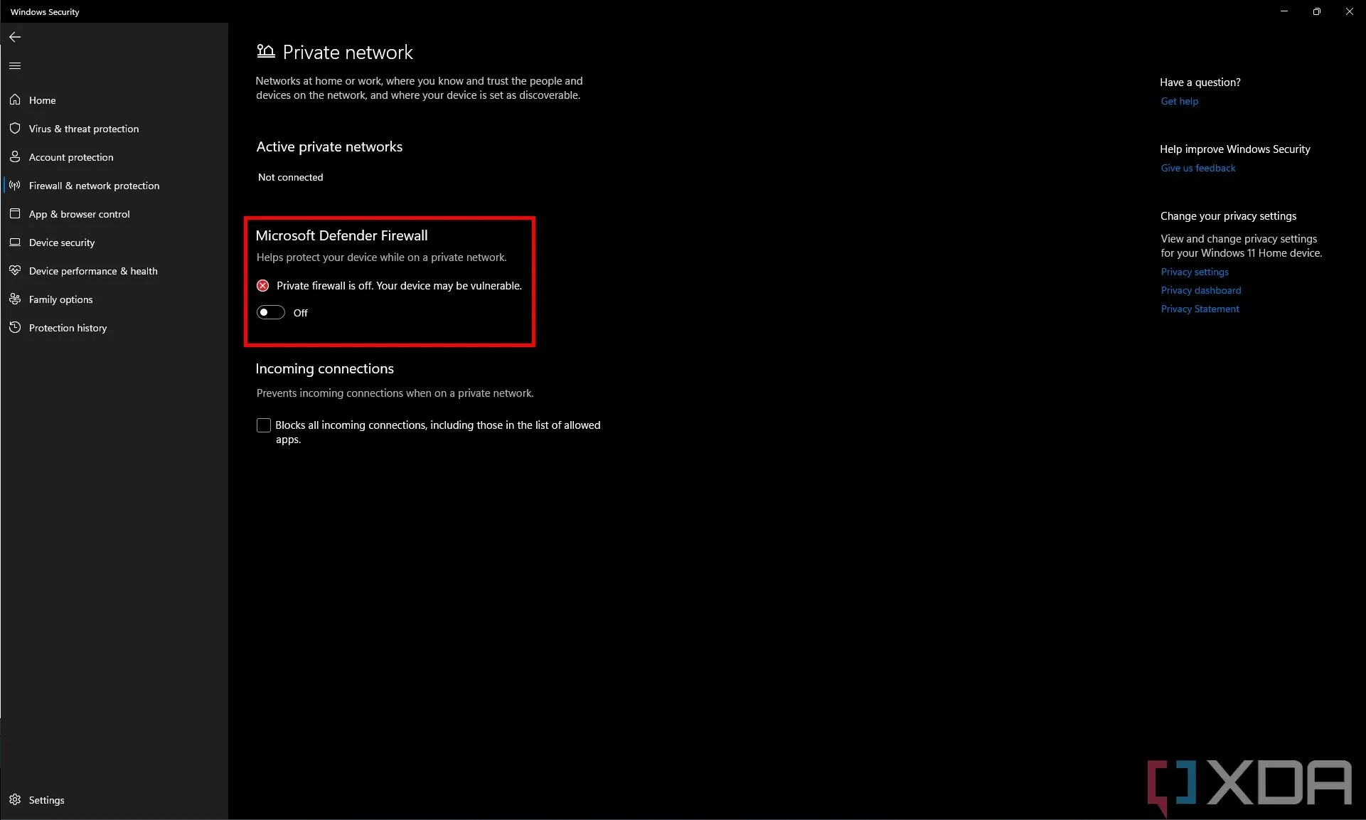 Cài đặt Tường lửa Microsoft Defender cho mạng riêng tư, cho thấy tường lửa đã bị vô hiệu hóa
